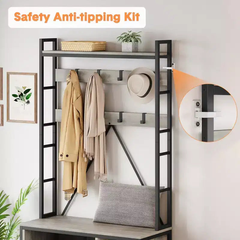 Porte-manteau industriel avec banc, rangement à chaussures et patère, meuble d'entrée pour vestiaire avec crochets et étagères pour petits espaces