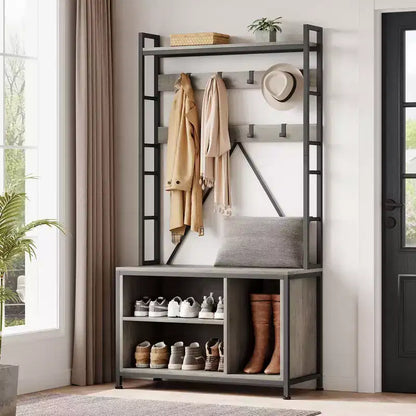 Porte-manteau industriel avec banc, rangement à chaussures et patère, meuble d'entrée pour vestiaire avec crochets et étagères pour petits espaces