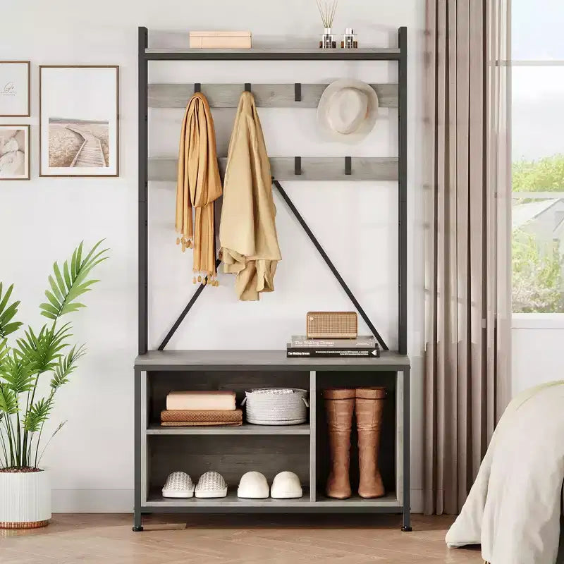 Porte-manteau industriel avec banc, rangement à chaussures et patère, meuble d'entrée pour vestiaire avec crochets et étagères pour petits espaces