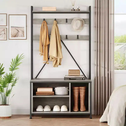 Porte-manteau industriel avec banc, rangement à chaussures et patère, meuble d'entrée pour vestiaire avec crochets et étagères pour petits espaces