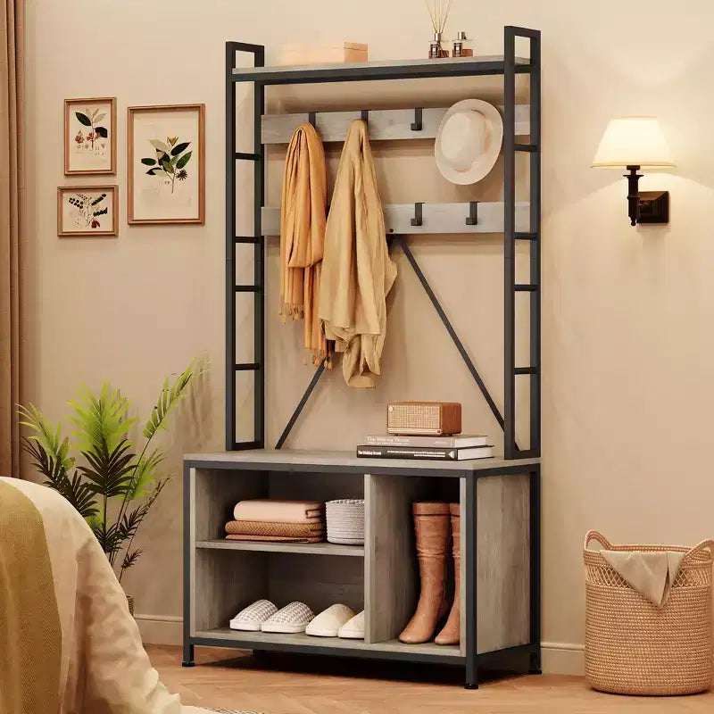 Porte-manteau industriel avec banc, rangement à chaussures et patère, meuble d'entrée pour vestiaire avec crochets et étagères pour petits espaces