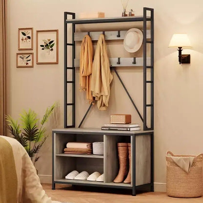 Porte-manteau industriel avec banc, rangement à chaussures et patère, meuble d'entrée pour vestiaire avec crochets et étagères pour petits espaces