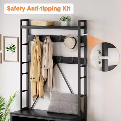 Porte-manteau industriel avec banc, rangement à chaussures et patère, meuble d'entrée pour vestiaire avec crochets et étagères pour petits espaces