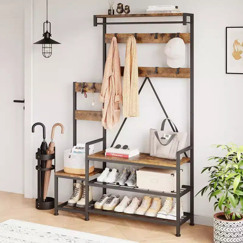 Porte-manteau industriel avec banc, rangement à chaussures et patère, meuble d'entrée pour vestiaire avec crochets et étagères pour petits espaces
