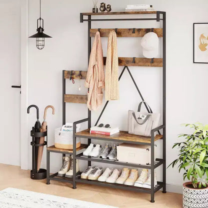 Porte-manteau industriel avec banc, rangement à chaussures et patère, meuble d'entrée pour vestiaire avec crochets et étagères pour petits espaces