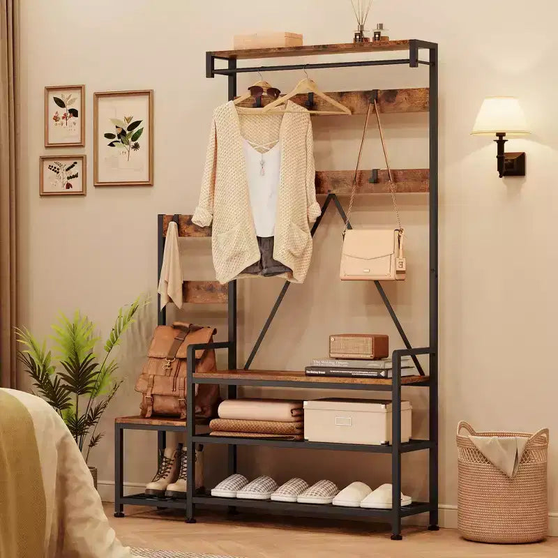 Porte-manteau industriel avec banc, rangement à chaussures et patère, meuble d'entrée pour vestiaire avec crochets et étagères pour petits espaces