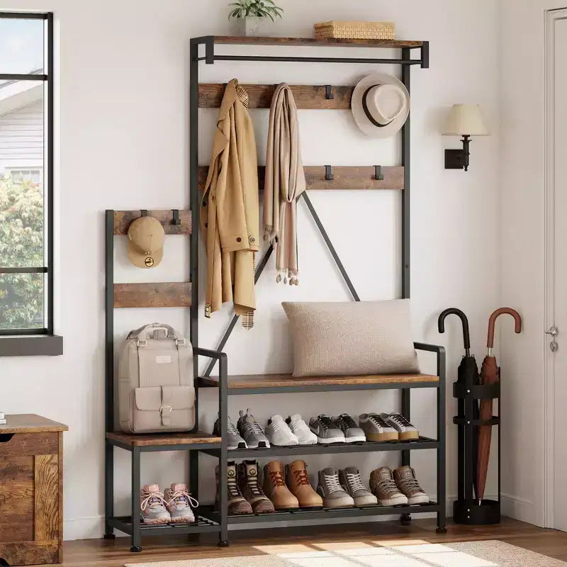 Porte-manteau industriel avec banc, rangement à chaussures et patère, meuble d'entrée pour vestiaire avec crochets et étagères pour petits espaces