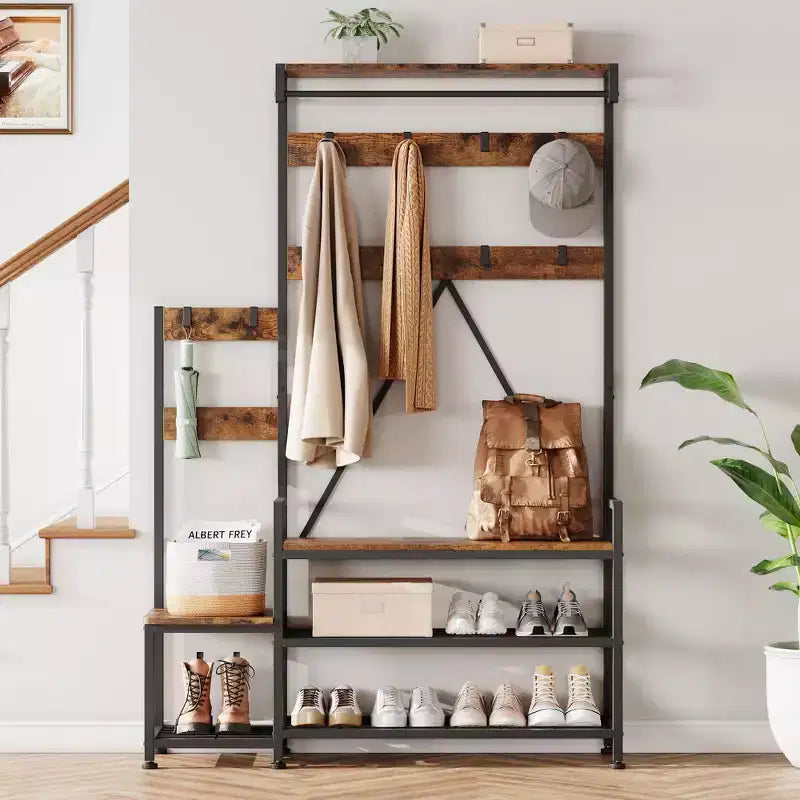 Porte-manteau industriel avec banc, rangement à chaussures et patère, meuble d'entrée pour vestiaire avec crochets et étagères pour petits espaces