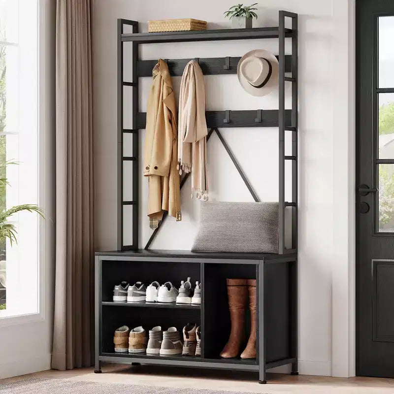 Porte-manteau industriel avec banc, rangement à chaussures et patère, meuble d'entrée pour vestiaire avec crochets et étagères pour petits espaces