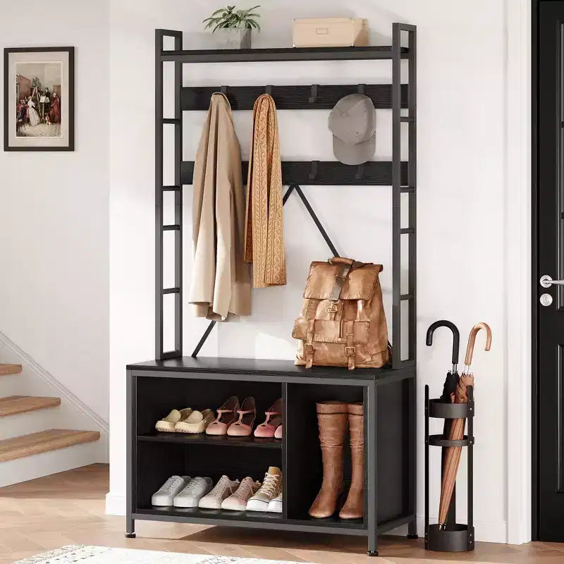 Porte-manteau industriel avec banc, rangement à chaussures et patère, meuble d'entrée pour vestiaire avec crochets et étagères pour petits espaces