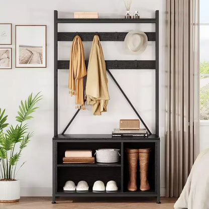 Porte-manteau industriel avec banc, rangement à chaussures et patère, meuble d'entrée pour vestiaire avec crochets et étagères pour petits espaces