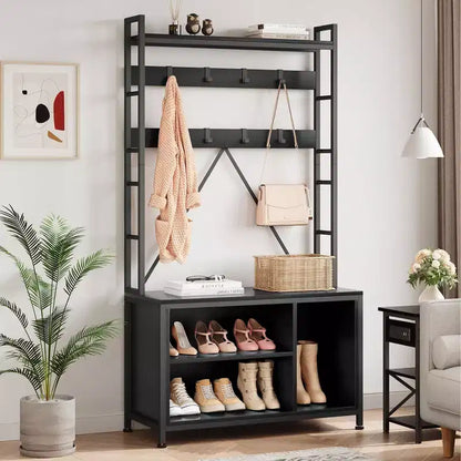 Industrial Hall Tree with Bench, Shoe Storage, & Coat Rack, Entryway Organizer Mudroom Furniture with Hooks and Shelves for Small Spaces