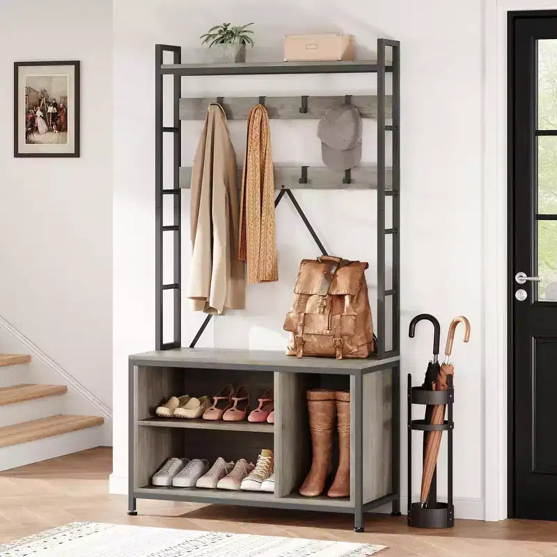 Porte-manteau industriel avec banc, rangement à chaussures et patère, meuble d'entrée pour vestiaire avec crochets et étagères pour petits espaces
