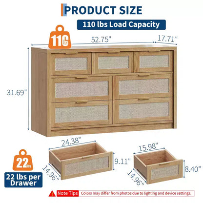 Commode à 7 tiroirs, commode en rotin de 132 cm de large, commode moderne avec poignée en métal, rangement pour vêtements de placard en bois, pour salon, couloir, meuble TV