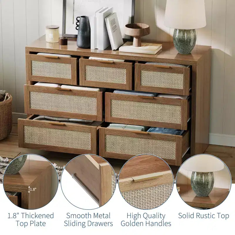 Commode à 7 tiroirs, commode en rotin de 132 cm de large, commode moderne avec poignée en métal, rangement pour vêtements de placard en bois, pour salon, couloir, meuble TV