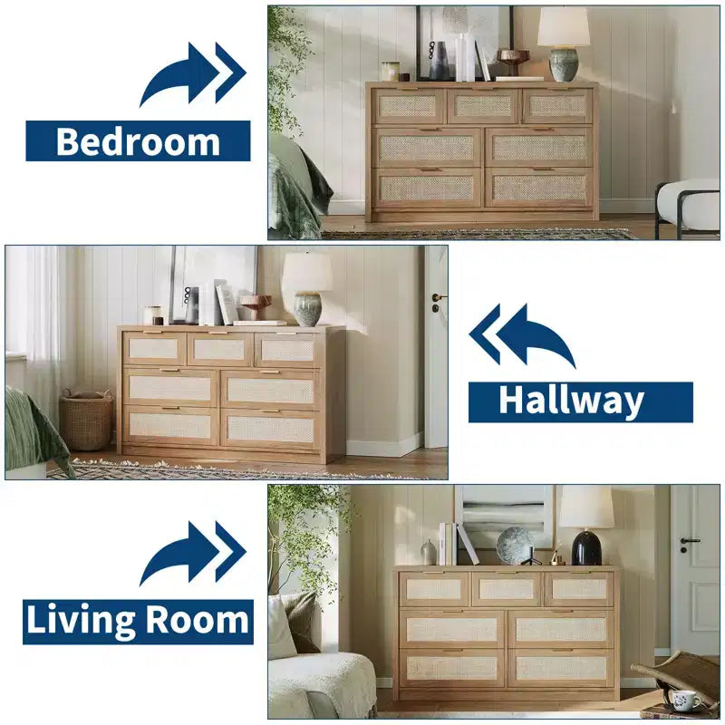 Commode à 7 tiroirs, commode en rotin de 132 cm de large, commode moderne avec poignée en métal, rangement pour vêtements de placard en bois, pour salon, couloir, meuble TV