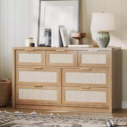 Commode à 7 tiroirs, commode en rotin de 132 cm de large, commode moderne avec poignée en métal, rangement pour vêtements de placard en bois, pour salon, couloir, meuble TV