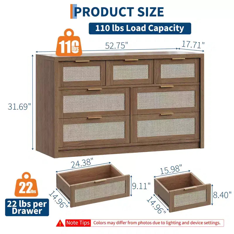 Commode à 7 tiroirs, commode en rotin de 132 cm de large, commode moderne avec poignée en métal, rangement pour vêtements de placard en bois, pour salon, couloir, meuble TV