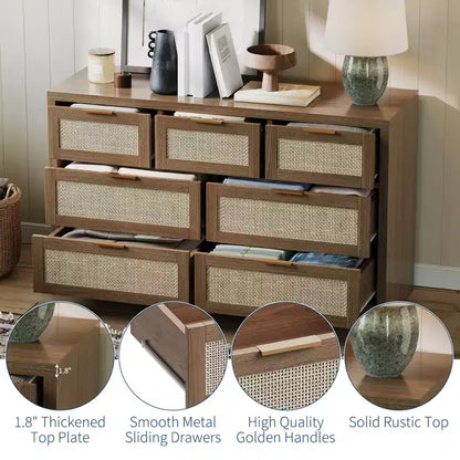 Commode à 7 tiroirs, commode en rotin de 132 cm de large, commode moderne avec poignée en métal, rangement pour vêtements de placard en bois, pour salon, couloir, meuble TV