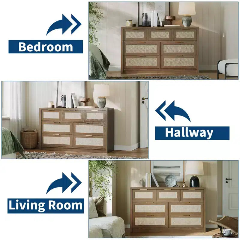 Commode à 7 tiroirs, commode en rotin de 132 cm de large, commode moderne avec poignée en métal, rangement pour vêtements de placard en bois, pour salon, couloir, meuble TV