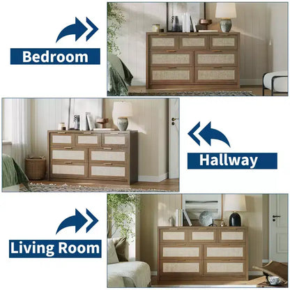 Commode à 7 tiroirs, commode en rotin de 132 cm de large, commode moderne avec poignée en métal, rangement pour vêtements de placard en bois, pour salon, couloir, meuble TV