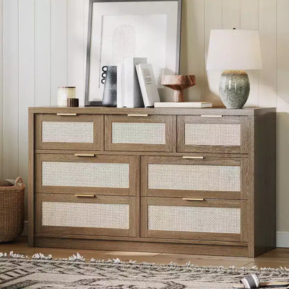 Commode à 7 tiroirs, commode en rotin de 132 cm de large, commode moderne avec poignée en métal, rangement pour vêtements de placard en bois, pour salon, couloir, meuble TV