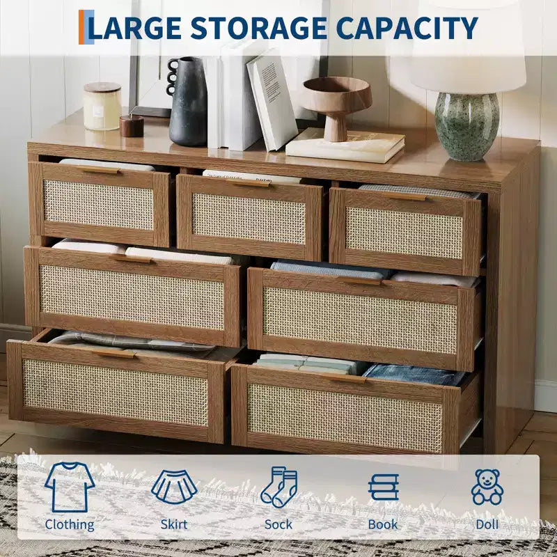 Commode à 7 tiroirs, commode en rotin de 132 cm de large, commode moderne avec poignée en métal, rangement pour vêtements de placard en bois, pour salon, couloir, meuble TV