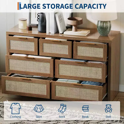 Commode à 7 tiroirs, commode en rotin de 132 cm de large, commode moderne avec poignée en métal, rangement pour vêtements de placard en bois, pour salon, couloir, meuble TV