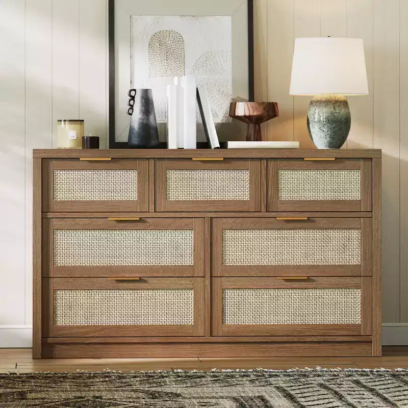 Commode à 7 tiroirs, commode en rotin de 132 cm de large, commode moderne avec poignée en métal, rangement pour vêtements de placard en bois, pour salon, couloir, meuble TV