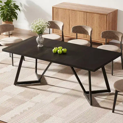 MAYEERTY 70.96 Inch Modern Dining Table Black Brown Wood Grain MDF Top Metal Iron Legs