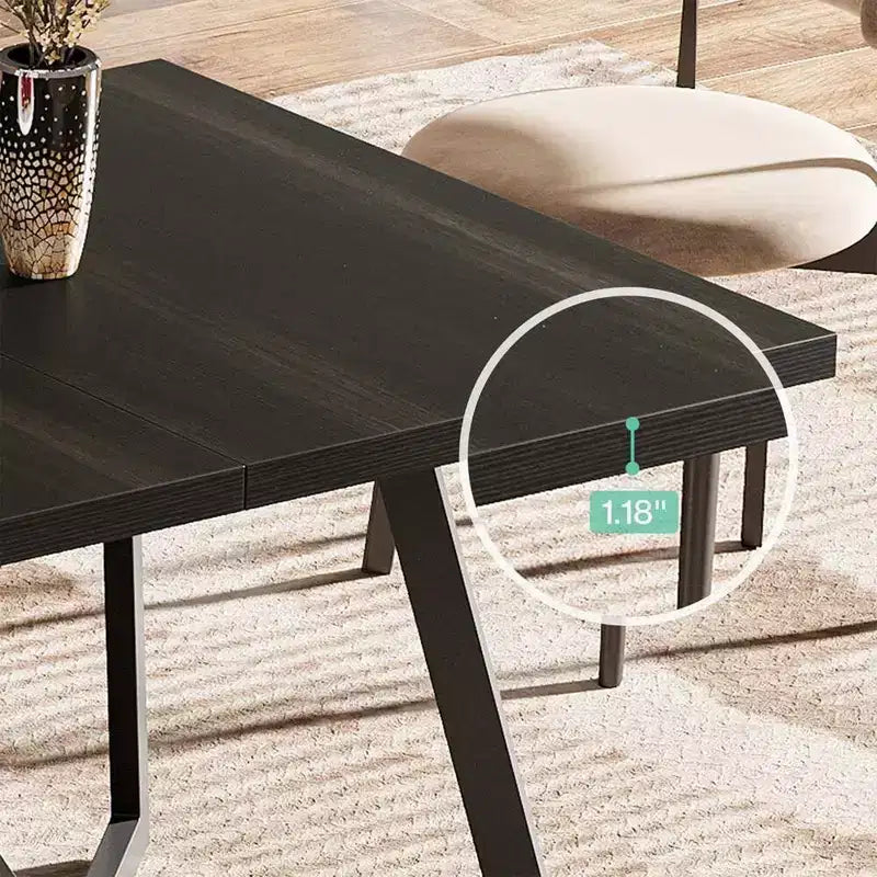 MAYEERTY 70.96 Inch Modern Dining Table Black Brown Wood Grain MDF Top Metal Iron Legs
