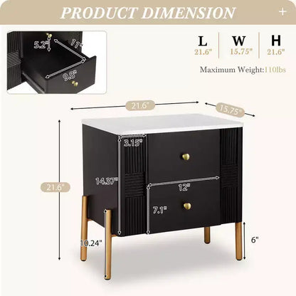 Whisen Modern Minimalist Nightstand with 2 Storage Drawer, Golden Metal Handles and Legs, Unique Textured Design