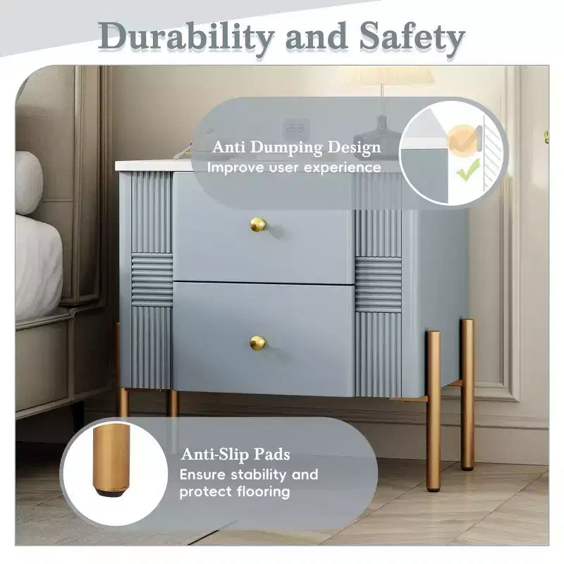 Whisen Modern Minimalist Nightstand with 2 Storage Drawer, Golden Metal Handles and Legs, Unique Textured Design