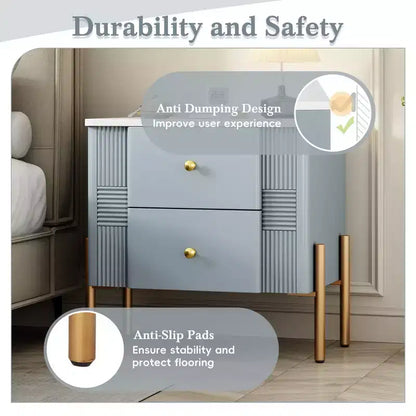 Whisen Modern Minimalist Nightstand with 2 Storage Drawer, Golden Metal Handles and Legs, Unique Textured Design