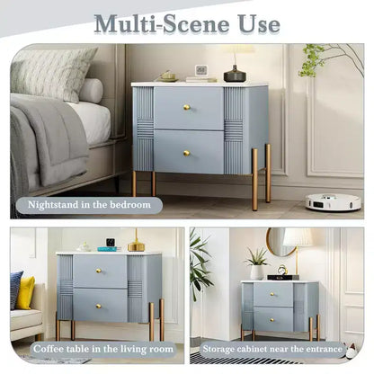 Whisen Modern Minimalist Nightstand with 2 Storage Drawer, Golden Metal Handles and Legs, Unique Textured Design