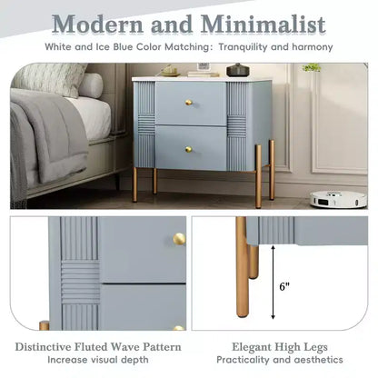 Whisen Modern Minimalist Nightstand with 2 Storage Drawer, Golden Metal Handles and Legs, Unique Textured Design