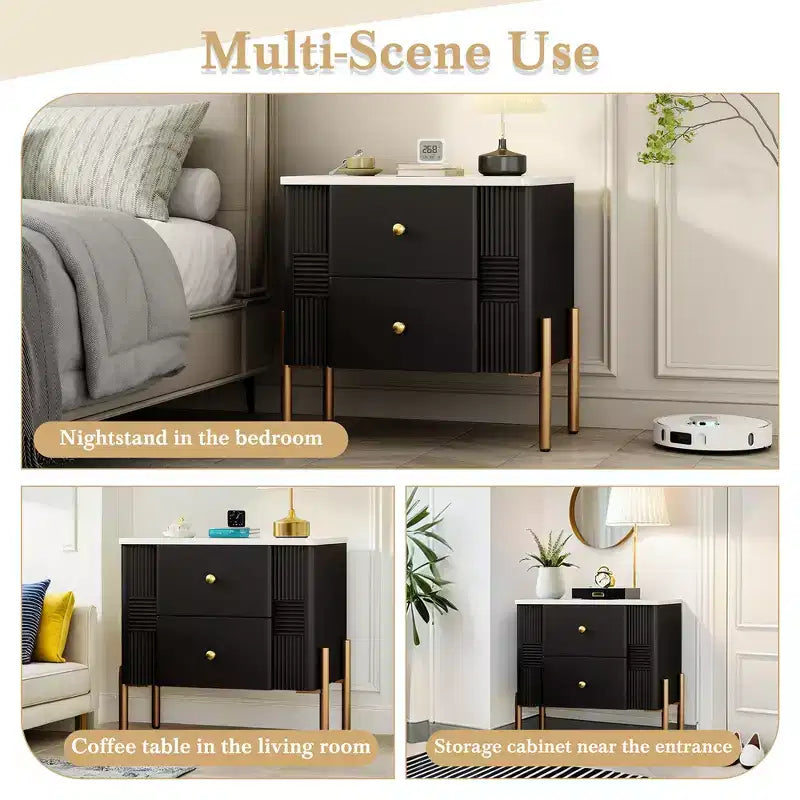 Whisen Modern Minimalist Nightstand with 2 Storage Drawer, Golden Metal Handles and Legs, Unique Textured Design