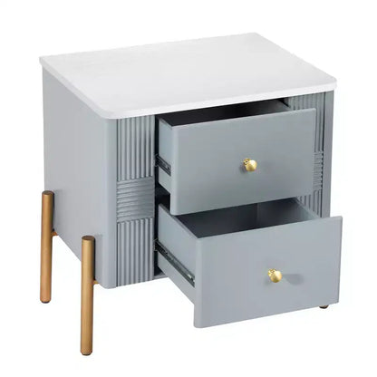 Whisen Modern Minimalist Nightstand with 2 Storage Drawer, Golden Metal Handles and Legs, Unique Textured Design