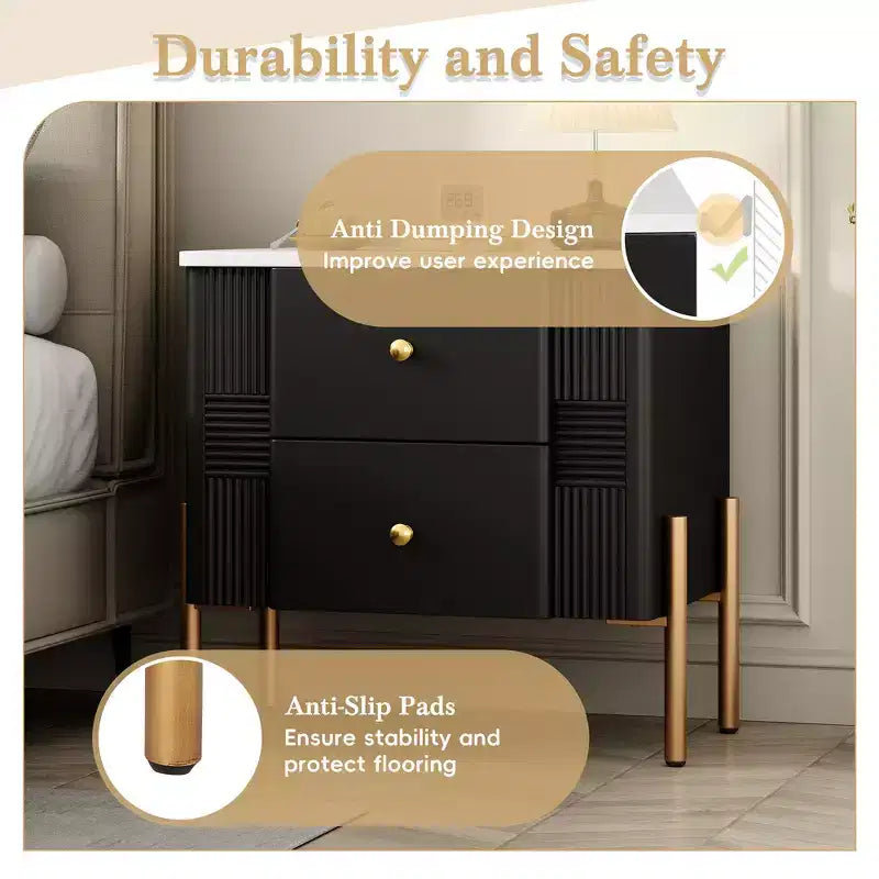 Whisen Modern Minimalist Nightstand with 2 Storage Drawer, Golden Metal Handles and Legs, Unique Textured Design