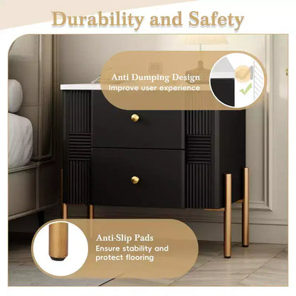 Whisen Modern Minimalist Nightstand with 2 Storage Drawer, Golden Metal Handles and Legs, Unique Textured Design