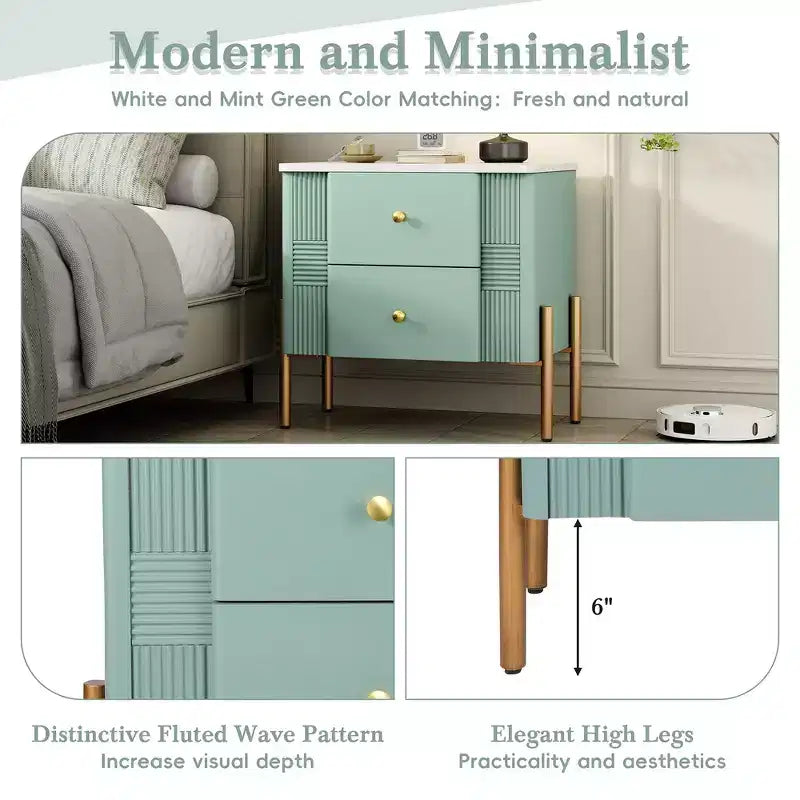 Whisen Modern Minimalist Nightstand with 2 Storage Drawer, Golden Metal Handles and Legs, Unique Textured Design