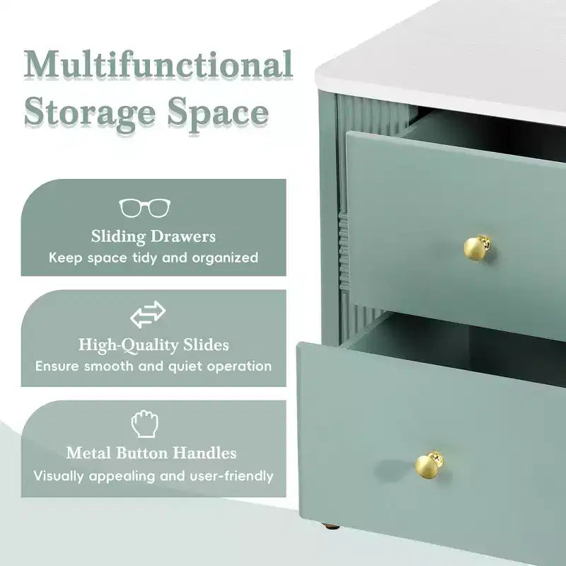 Whisen Modern Minimalist Nightstand with 2 Storage Drawer, Golden Metal Handles and Legs, Unique Textured Design