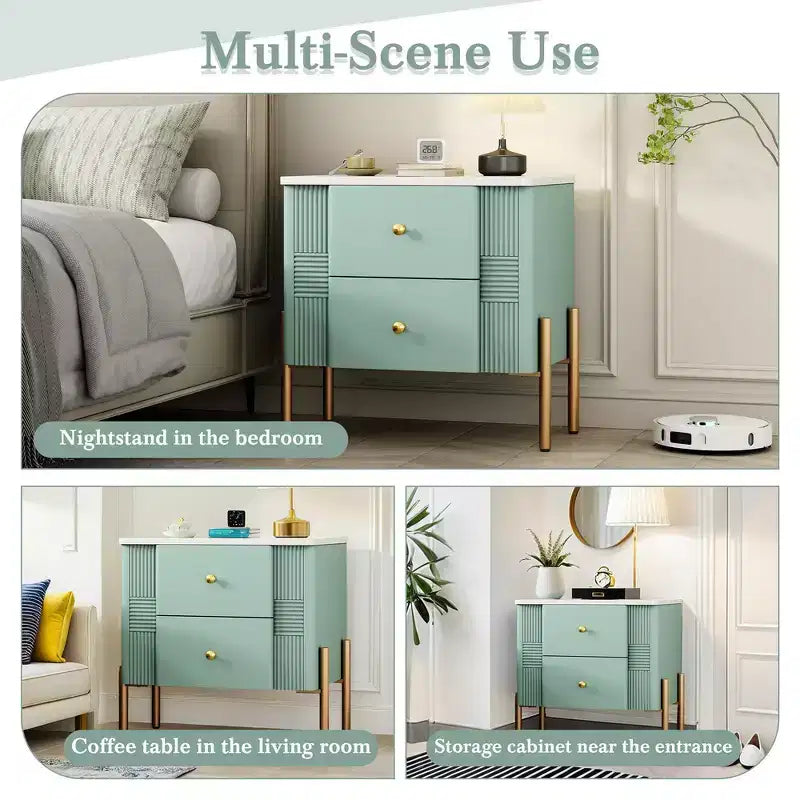 Whisen Modern Minimalist Nightstand with 2 Storage Drawer, Golden Metal Handles and Legs, Unique Textured Design