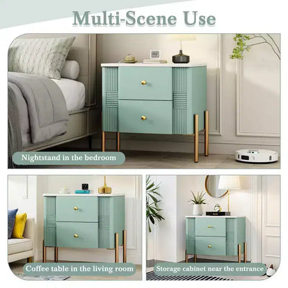 Whisen Modern Minimalist Nightstand with 2 Storage Drawer, Golden Metal Handles and Legs, Unique Textured Design