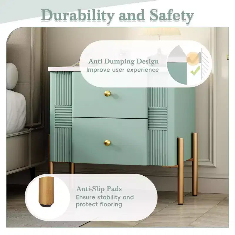 Whisen Modern Minimalist Nightstand with 2 Storage Drawer, Golden Metal Handles and Legs, Unique Textured Design