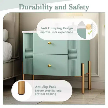 Whisen Modern Minimalist Nightstand with 2 Storage Drawer, Golden Metal Handles and Legs, Unique Textured Design