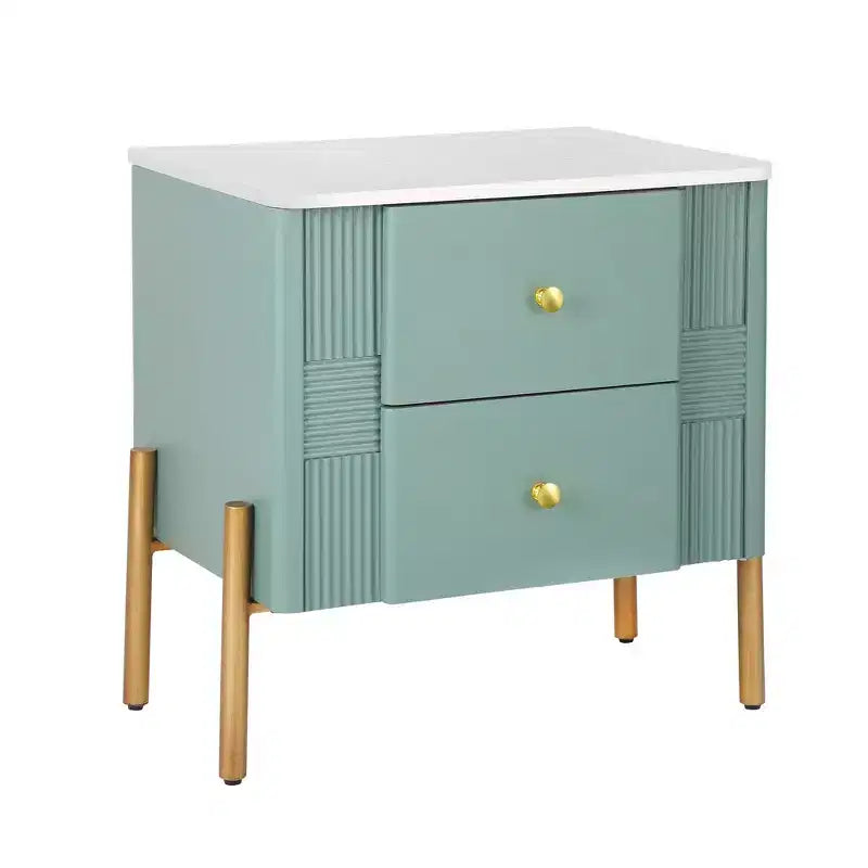 Whisen Modern Minimalist Nightstand with 2 Storage Drawer, Golden Metal Handles and Legs, Unique Textured Design