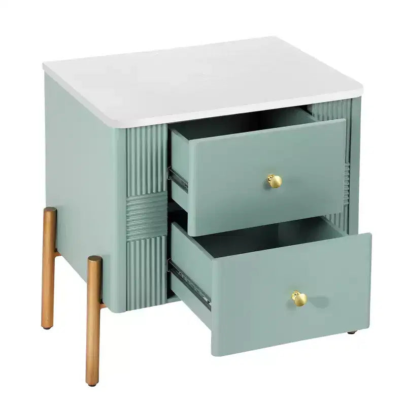Whisen Modern Minimalist Nightstand with 2 Storage Drawer, Golden Metal Handles and Legs, Unique Textured Design