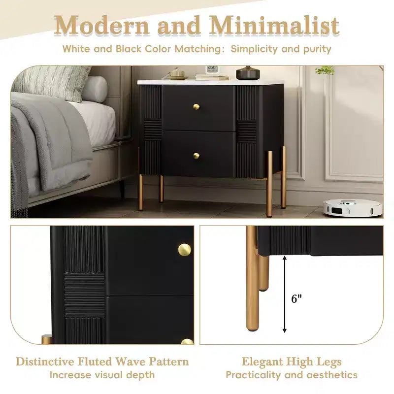 Whisen Modern Minimalist Nightstand with 2 Storage Drawer, Golden Metal Handles and Legs, Unique Textured Design