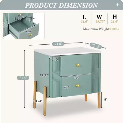 Whisen Modern Minimalist Nightstand with 2 Storage Drawer, Golden Metal Handles and Legs, Unique Textured Design